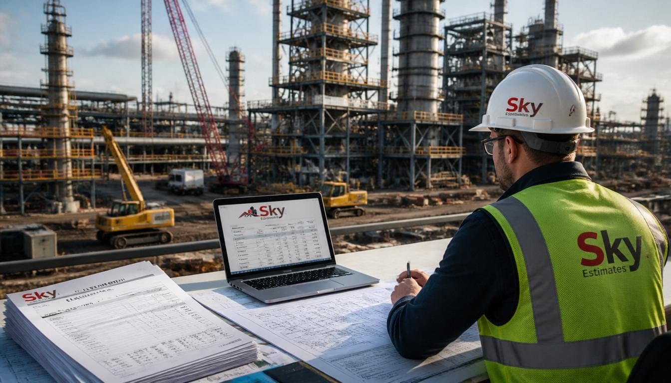 Industrial construction site with steel structure and workers