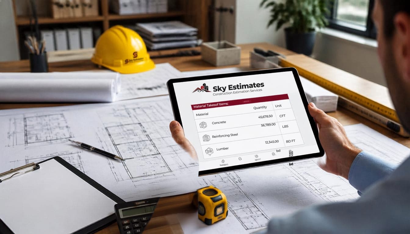 Estimator reviewing construction plans and material quantities
