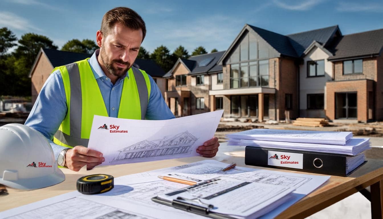 Building estimator reviewing architectural plans for a multi-story project